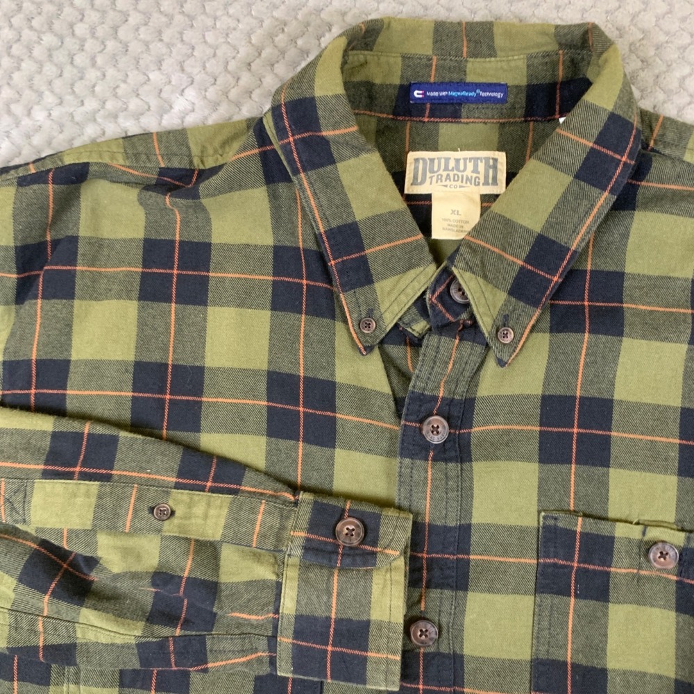 Duluth Trading Co MagnaReady Flannel Shirt Mens XL Green Plaid Magnetic 89322